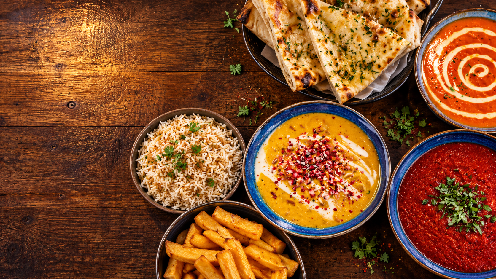 Indian curries, rice, naan and chips on a wooden table